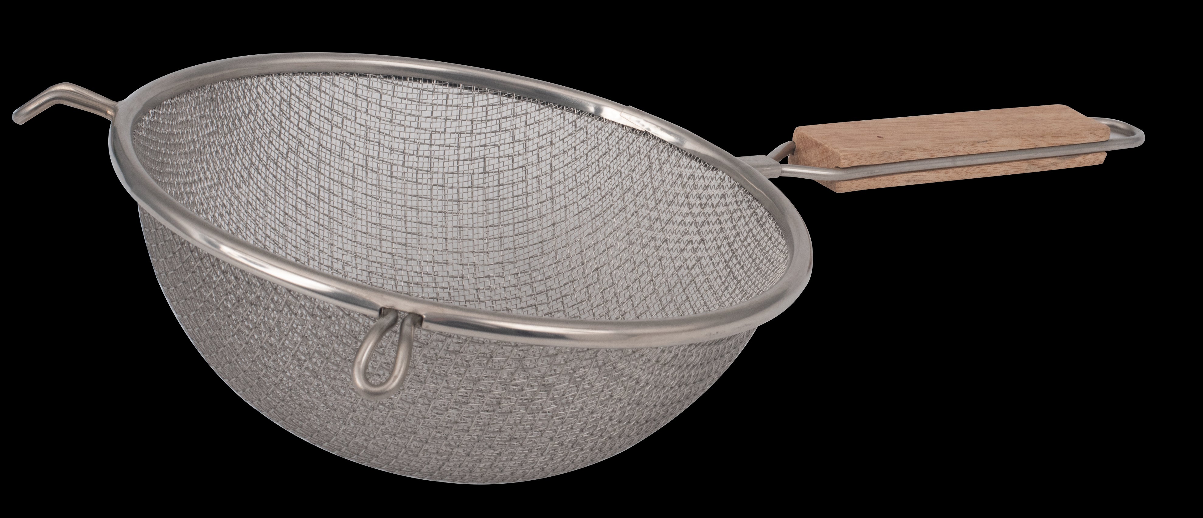 Strainer, Double, Medium Mesh With 8" Bowl, Wooden Lacquered